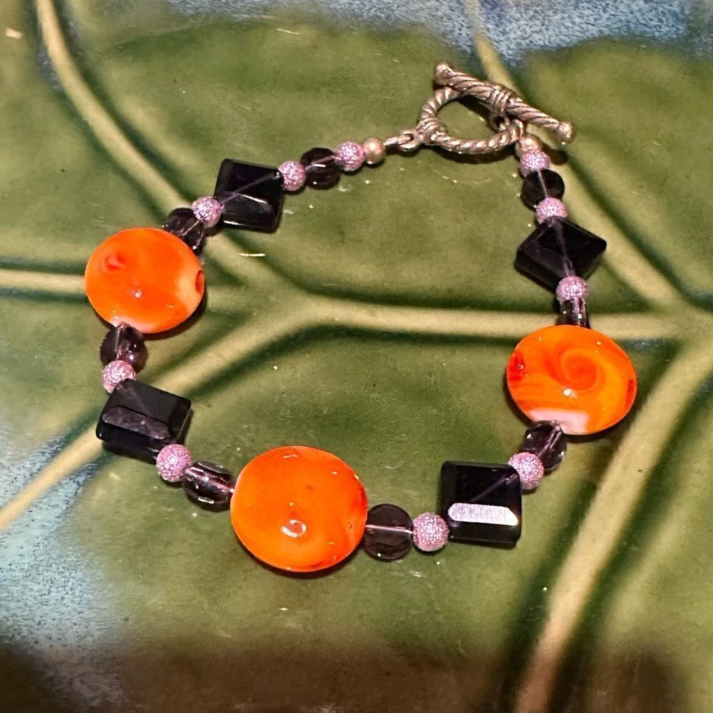 Handcrafted 7” Glass Lampwork Orange Beads & Black Glass Beads Toggle Closure